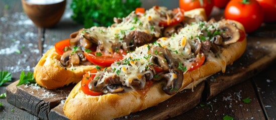 Poster - Veal and mushroom-filled baguette topped with tomato and cheese.