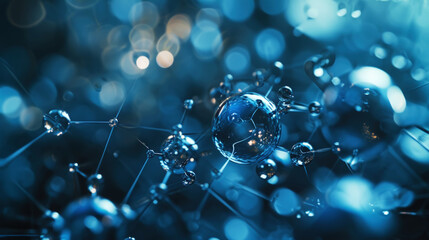 Scientific backdrop. Molecular structure at atomic level. Dark blue background.Medical technology concept. Generative AI