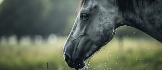 Sticker - Grey horse close up, licking a salt mineral lick for vitamins on a summer day, promoting health and fitness.