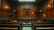 An image of a courtroom that is a symbol of fairness. A symbol of judicial/legislative procedures and justice.