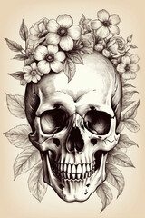 Sticker - Human skull with flowers. Hand drawn vintage, sketch vintage illustration