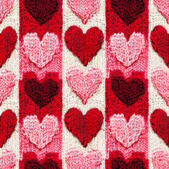 fluffy thick yarn knitted textile embroidered hearts in red 