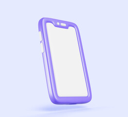Poster - 3d mobile phone icon with white screen isolated on blue background. Smartphone render app mockup with blank display template. Cartoon design device for game presentation, angle view. 3D illustration