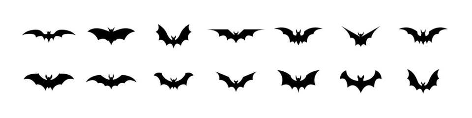 Wall Mural - Bat silhouette set. Flying black bat icons. Halloween concept. Vector