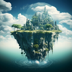 Wall Mural - Surreal floating islands with ancient ruins.