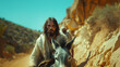 Palm Sunday. Jesus Christ on a donkey. Religious Christian photo for church Easter publications