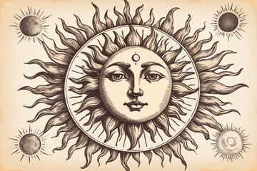 Wall Mural - Sun with face, astrology engraving style. Hand drawn vintage, sketch vintage illustration