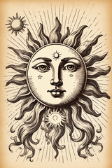 sun with face, astrology engraving style. hand drawn vintage, sketch vintage illustration