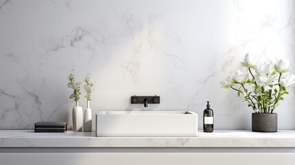 Canvas Print - White marble counter tabletop in modern luxury bathroom background.