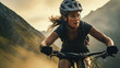 Female cyclist conquering light green and black mountain trail, energy and determination, adventure and thrill