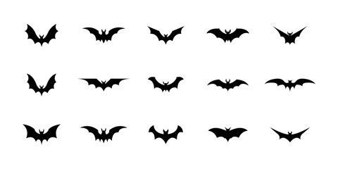 Wall Mural - Halloween bat silhouette set isolated on white background. Spooky black horror bat graphic. Vector illustration