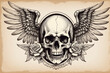 Winged skull. Wings and skeleton in old engraving style. Hand drawn vintage, sketch vintage illustration