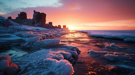 ancient allure of an arctic tundra landscape at sunset, featuring icy expanses and the silhouette of