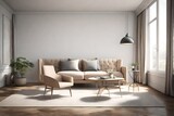 Fototapeta Przestrzenne - A 3D rendering capturing the essence of a minimalist living room, featuring a stylish chair and table against a subtle backdrop, perfect for contemporary living.
