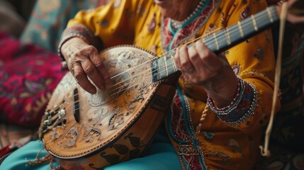 Wall Mural - Old Russian woman playing traditional musical instrument