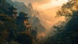 Ancient Chinese mountain landscape at sunset featuring mist-shrouded peaks and traditional pagodas in the fading light