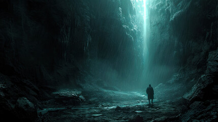 Poster - A man walking through a dark valley toward the heavenly light trusting in God Generative AI Illustration