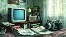 An Old Vintage Room With Old Equipment Such As A TV And An Old Fashion Camera Generative AI Illustration