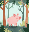 Cute children's book illustration with a funny little piglet walking through the woods.