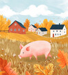 A piglet walking in a beautiful autumn meadow near a farm. Illustration for books, postcards, posters.