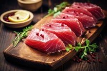 Fresh Raw Tuna Fillet Steak And Sashimi On Wooden Board Background, Delicious Food For Dinner, Healthy Food