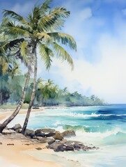 Sticker - Watercolor painting of palm trees, palm tree on the beach with sea.