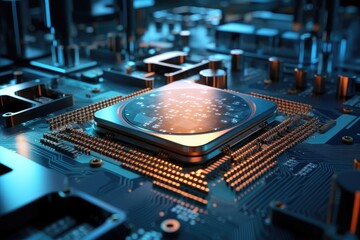 Poster - Robotic manufacturing of semiconductors and computer chips from silicon wafers. Modern technology concept
