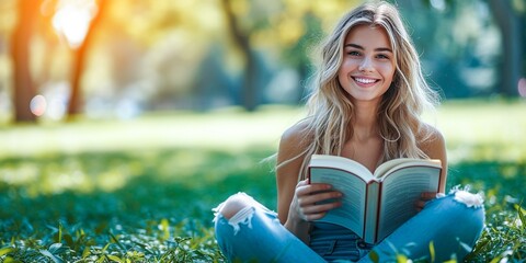 Wall Mural - A smiling beautiful blonde student girl sits on the grass in a park, near a school or university, and reads a book. Concept of education, summer holidays, people's lifestyle