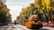 A vibrant and colorful parade with a lion-themed float moving down the city avenue in the autumn season, inviting community participation.