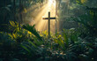 Raios solares brilhando na selva, cruz, conceito religioso