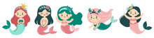 Cute Vector Set In Children's Style. Cute Mermaids In Different Poses. Vector Illustration