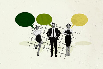 Aufkleber - Composite collage image of black white effect elegant people raise fists achievement hold briefcase dialogue bubble communication