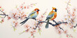 beautiful colorful birds on a cherry blossom branch