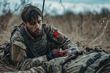 Wall Mural - Combat medic dressing wounded soldier providing first aid on battlefield