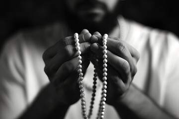 A muslim man holds up a prayer rosary