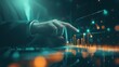 © Rattanathip - Close-up shot of a hand touching a sophisticated digital data interface with glowing financial charts and graphs, depicting modern data analysis.