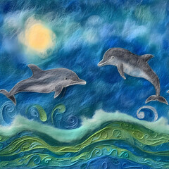 fleece felted art of dolphins jumping in the ocean