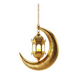 Golden Ramadan lantern hanging on gold moon on white background