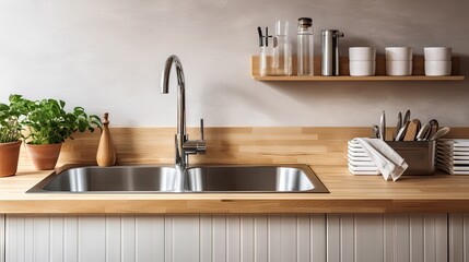 Sticker - Silver sink and utensils on wooden counter near light kitchen wall.