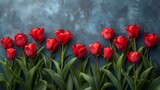 Fototapeta Tulipany - Brushstrokes of Passion: A Mesmerizing Dance of Red Tulips on a Serene Blue Canvas. Generative AI.