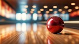 Fototapeta  - Bowling strike   ball crashes into pins on alley line   sport competition or tournament concept