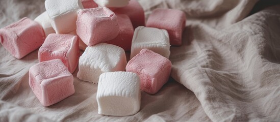 Sticker - Handmade marshmallows in pink and white, photographed on a linen background.