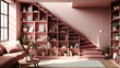 studio apartment with stairs leading to a second level and integrated bookshelves, featuring a color palette of warm chestnut brown, soft cream, and touches of dusty rose pink. low shoot