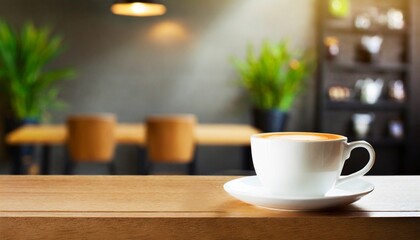 Wall Mural - coffee cup on wooden table in a coffee shop mock up photo ai