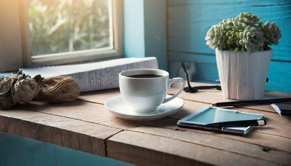 Wall Mural - office desk table with coffee cup