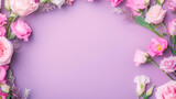 Purple background with floral frame of roses and eustoma