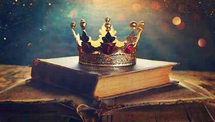 Wall Mural - low key of queen king crown on old book vintage filtered fantasy medieval period