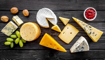 Wall Mural - various types of cheese on black wooden table top view copy space