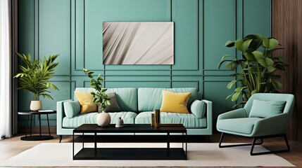 Modern home decor featuring a stylish living room with a black mock up poster frame, mint sofa, coffee table, plants, and elegant accessories. The green wood paneling with shelf adds a touch of