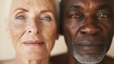 Fototapeta  - Two elderly individuals with contrasting skin tones both displaying wrinkles and age spots with one having a lighter complexion and the other a darker complexion both with a serene expression.